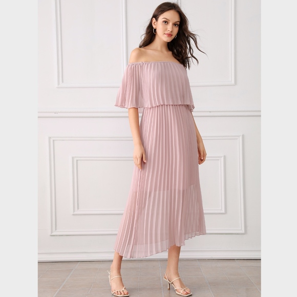 Off Shoulder Pleated Pastel Pink Dress - Picture 4 of 7